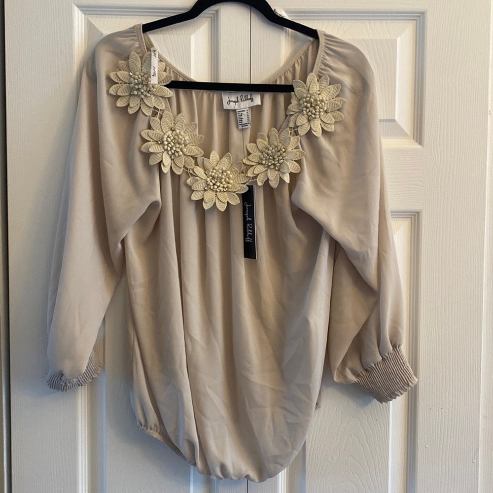 Joseph Ribkoff Floral Rhinestone Blouse Womens Size 8 Beige Off Shoulder Chiffon